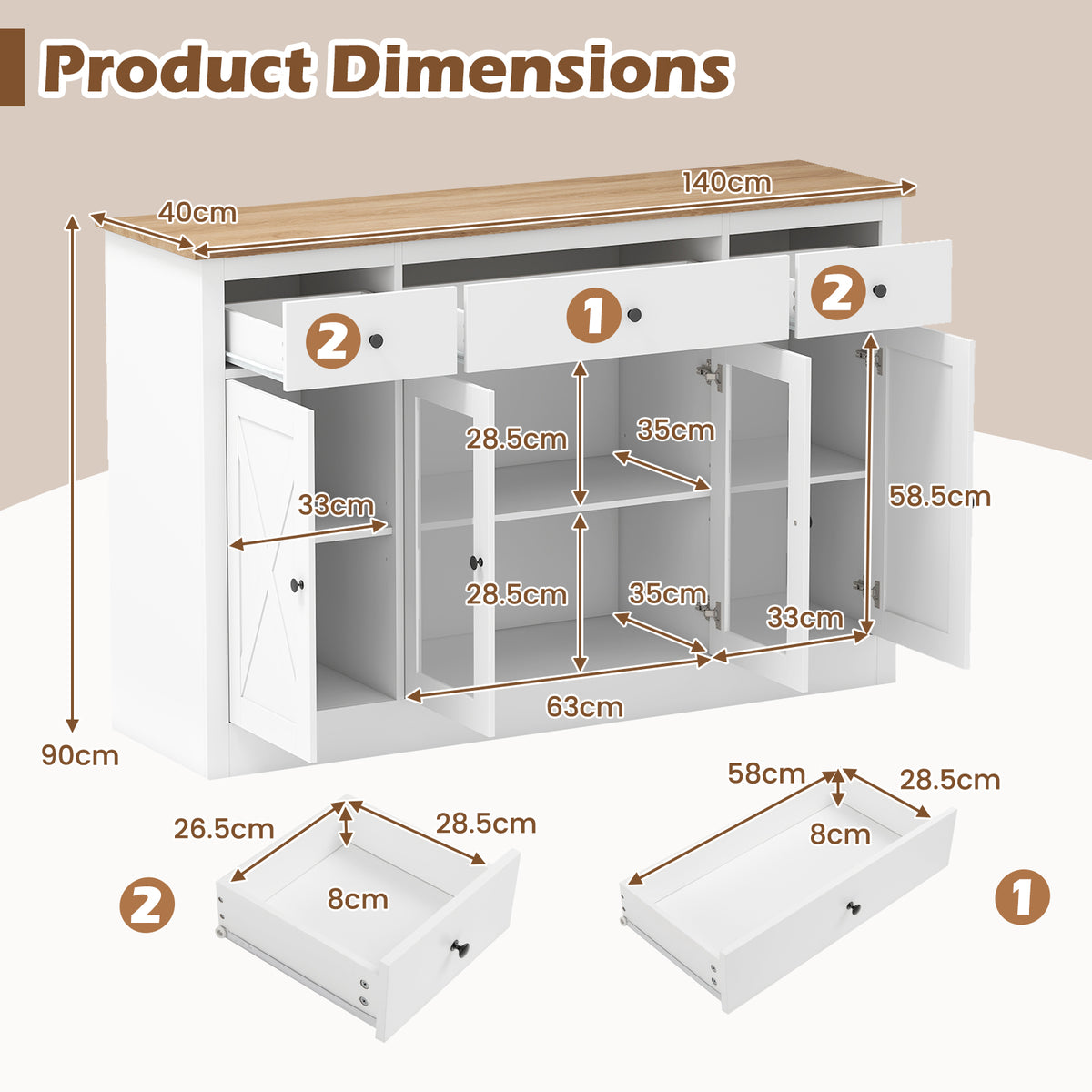 140 cm Large Buffet Sideboard, Kitchen Storage Cabinet with 3 Drawers
