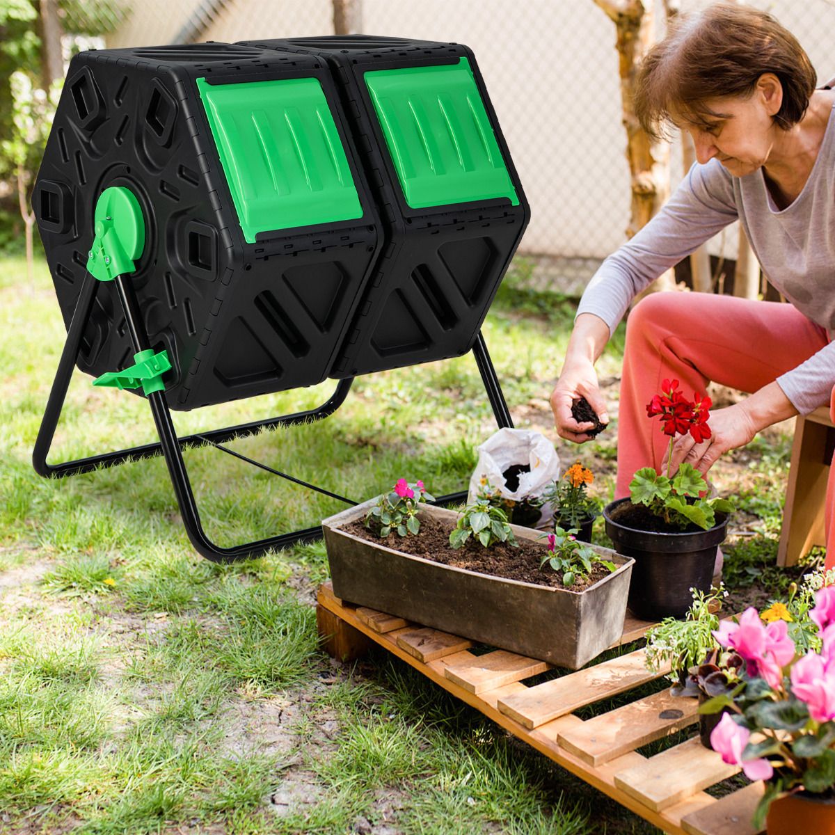 130L Garden Composting Tumbler Dual with 2 Rotating Chambers