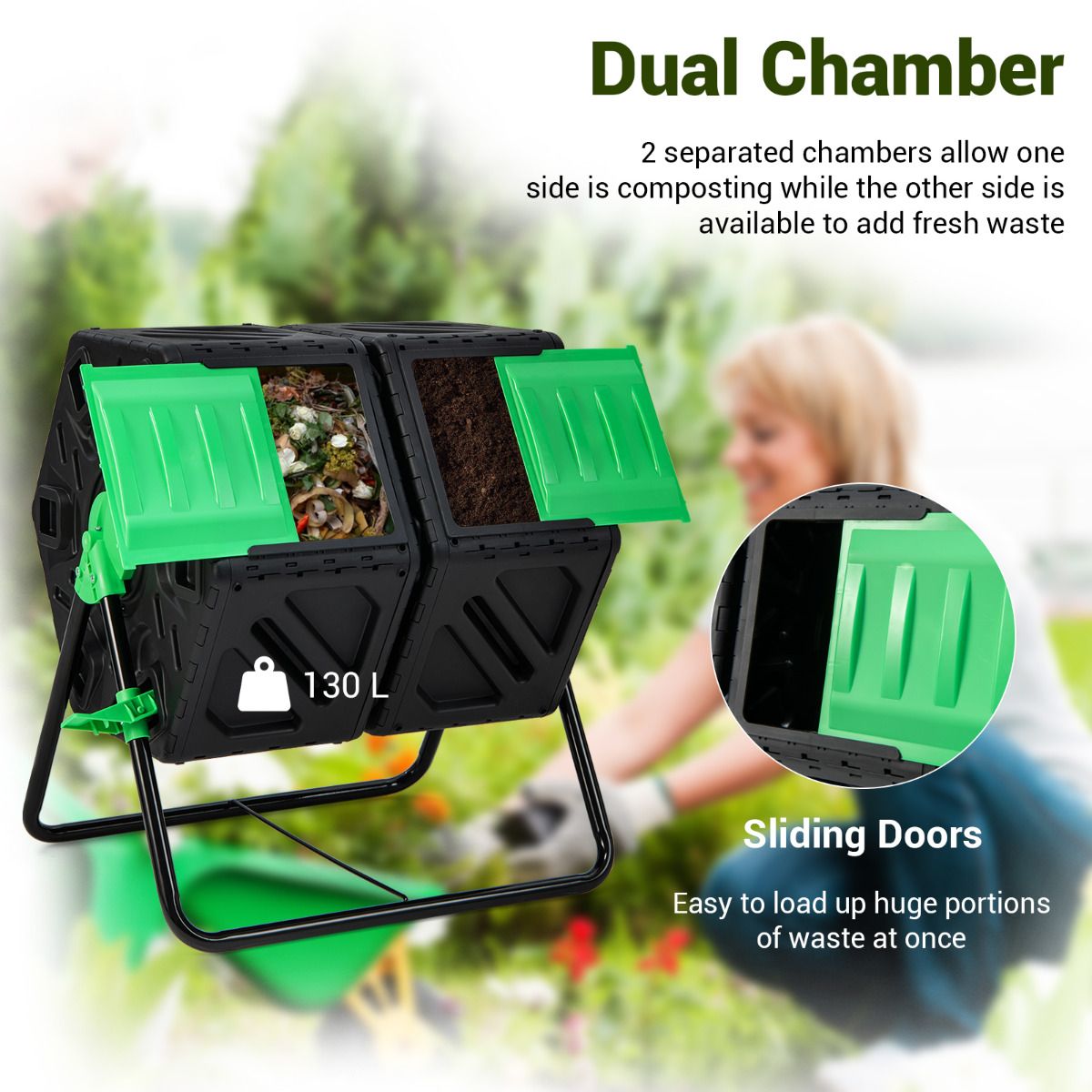 130L Garden Composting Tumbler Dual with 2 Rotating Chambers