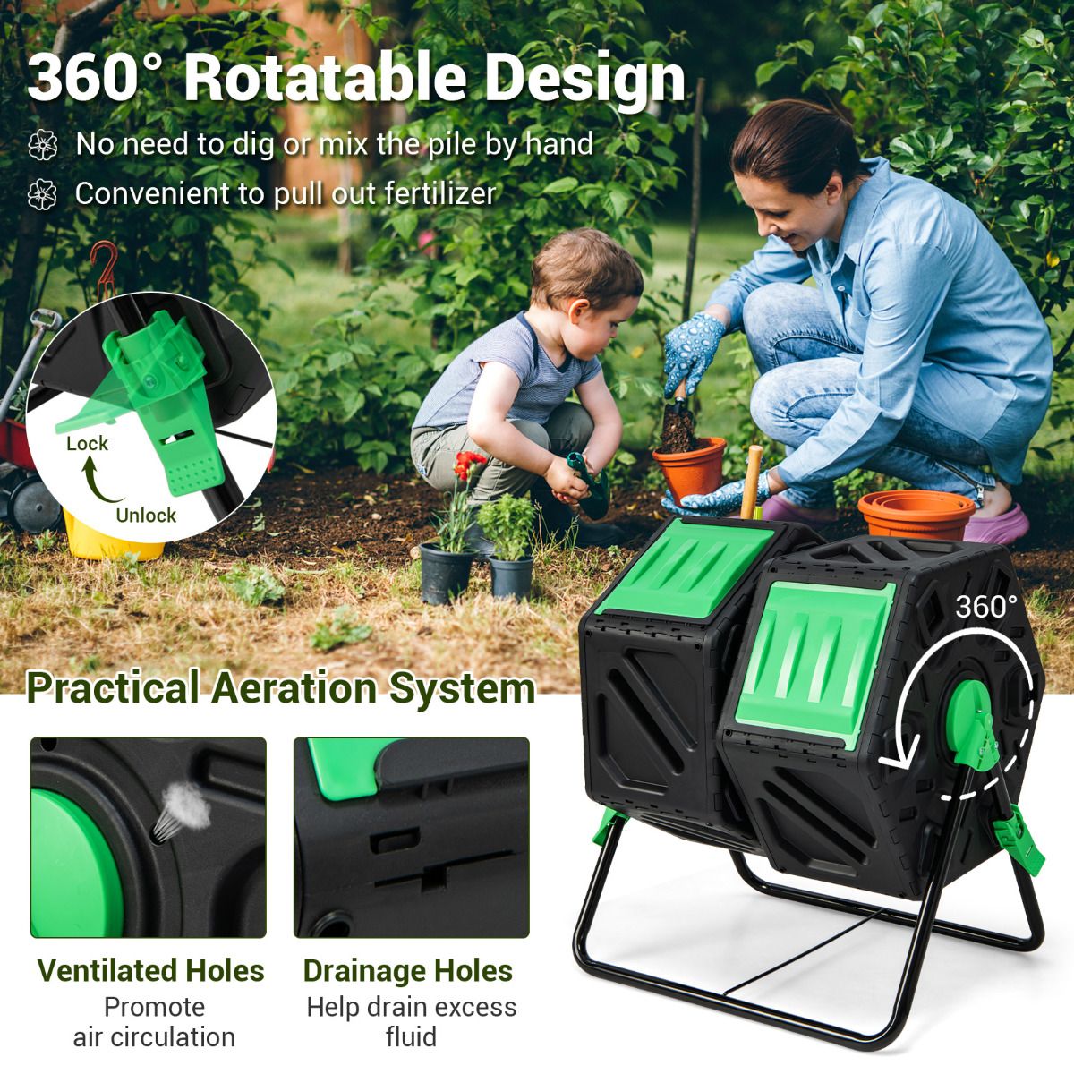 130L Garden Composting Tumbler Dual with 2 Rotating Chambers