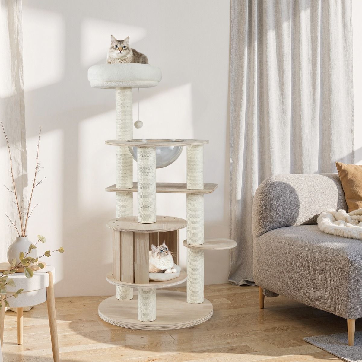 132cm Tall Wooden Cat Tree with Condo and Multi-Level Climbing Stand