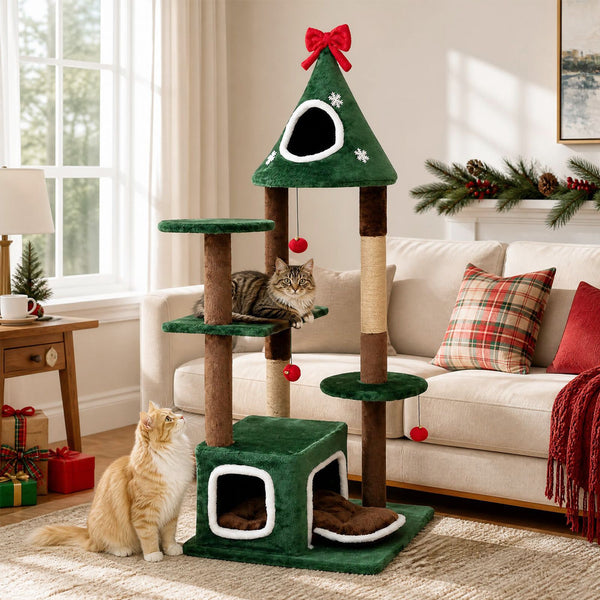 137cm Christmas Cat Tree with 2 Condos and Removable Cushion