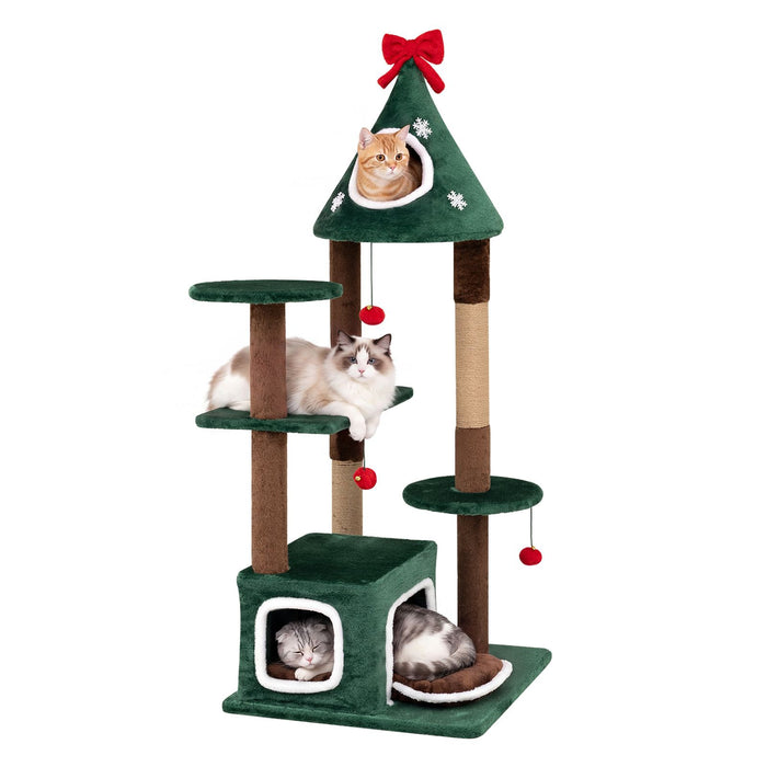 137cm Christmas Cat Tree with 2 Condos and Removable Cushion