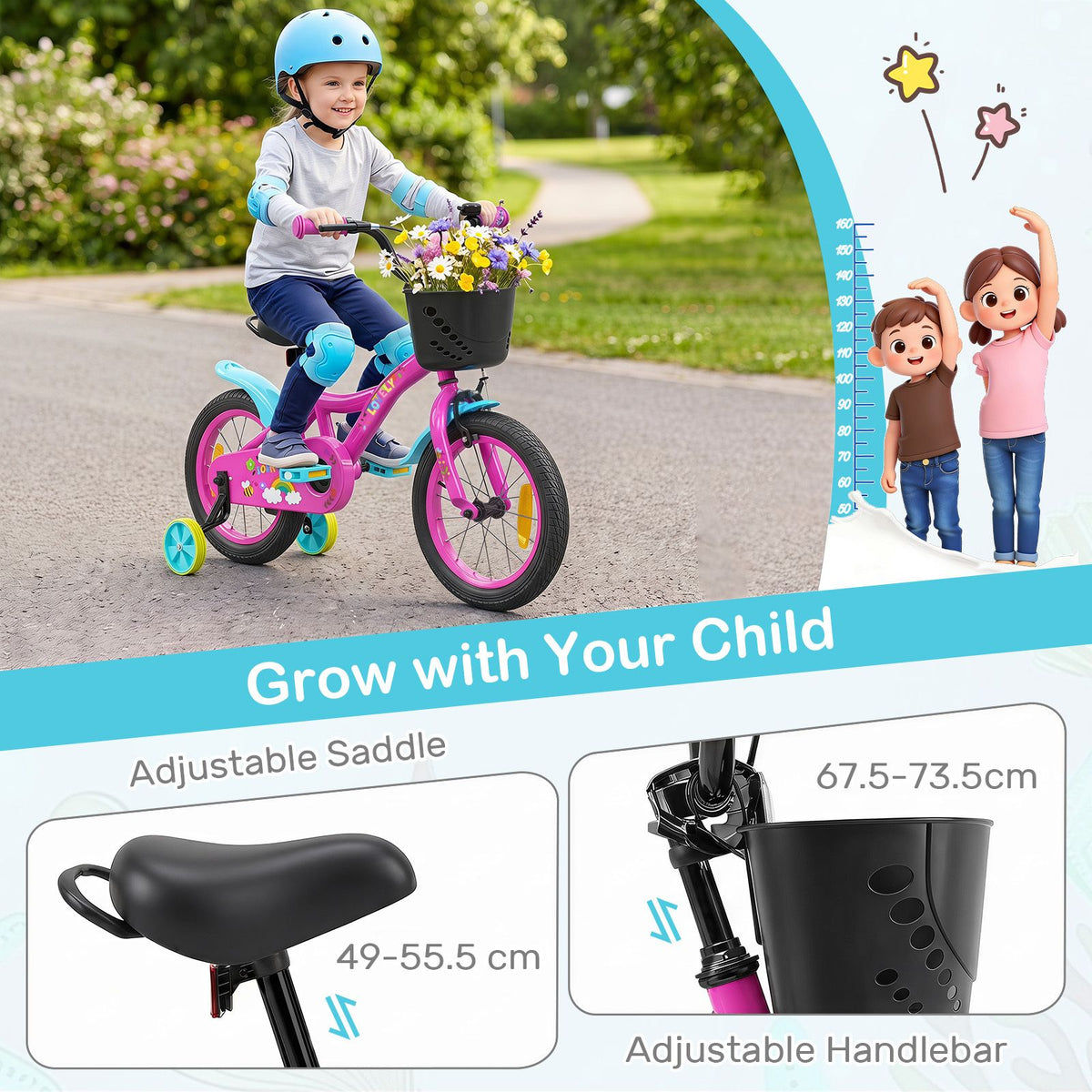 14/16/18 Inch Kids Bike Adjustable with Removable Basket for 3-8 Years Old