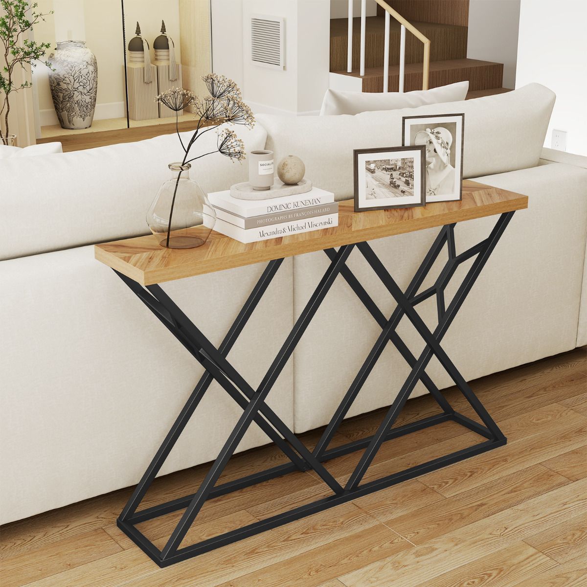 140cm Farmhouse Console Table with Geometric Metal Base