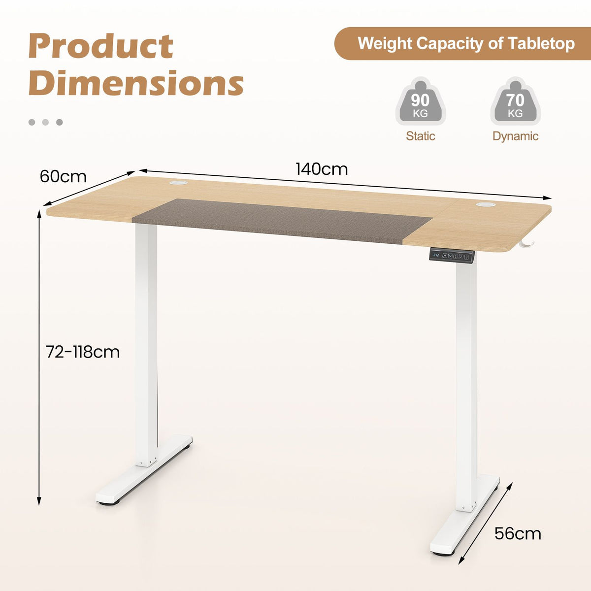 140x60cm Electric Standing Desk with 3 Memory Heights and LED Panel for Office