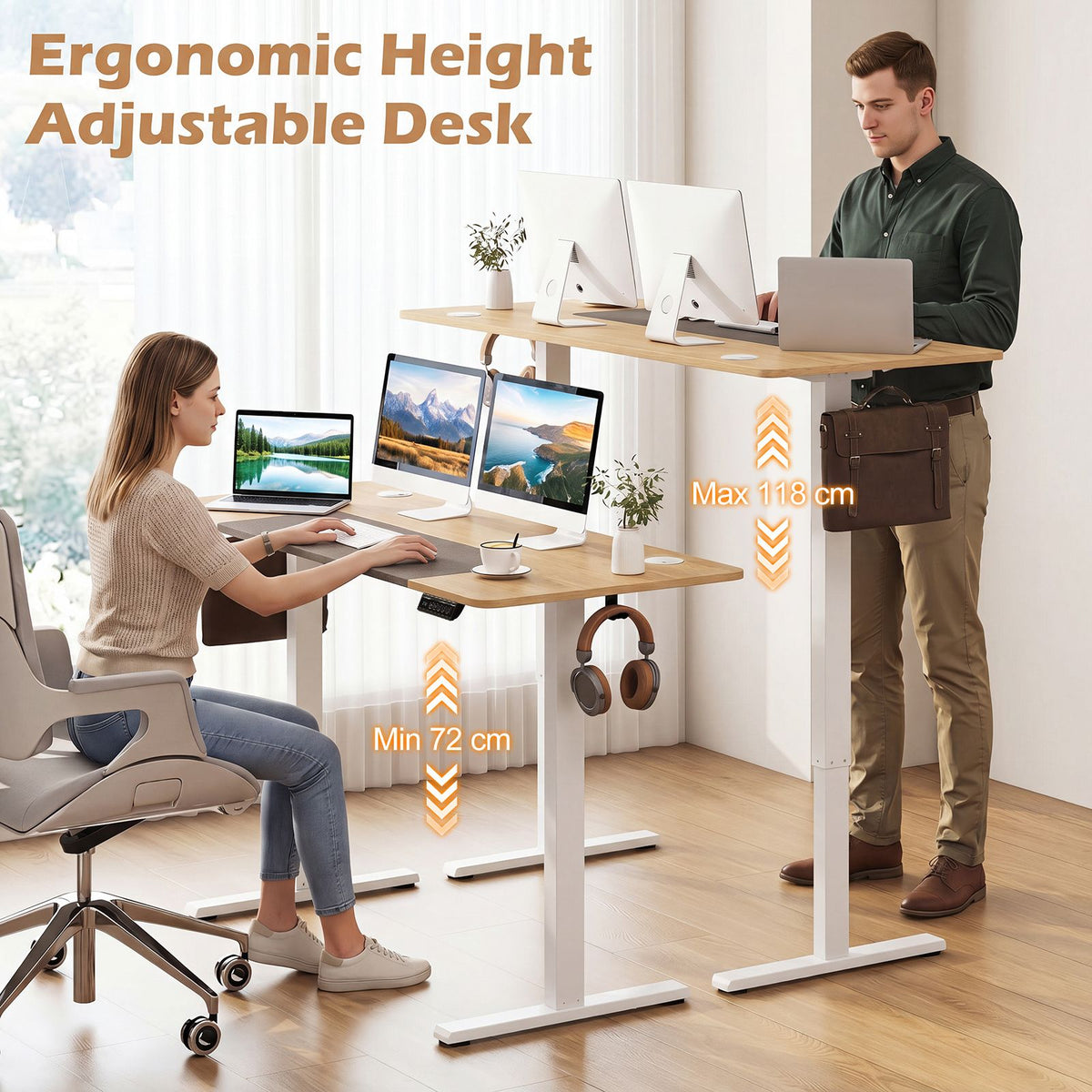 140x60cm Electric Standing Desk with 3 Memory Heights and LED Panel for Office