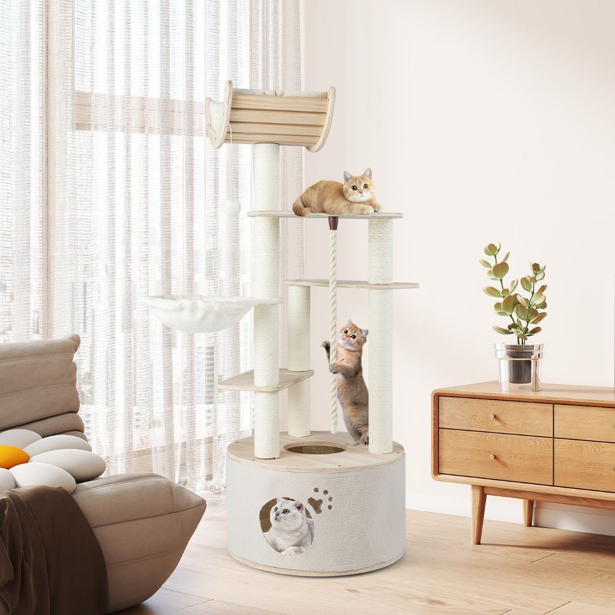 141cm Tall Wooden Cat Tree with Condo and Washable Plush Cushions for Indoor Cats