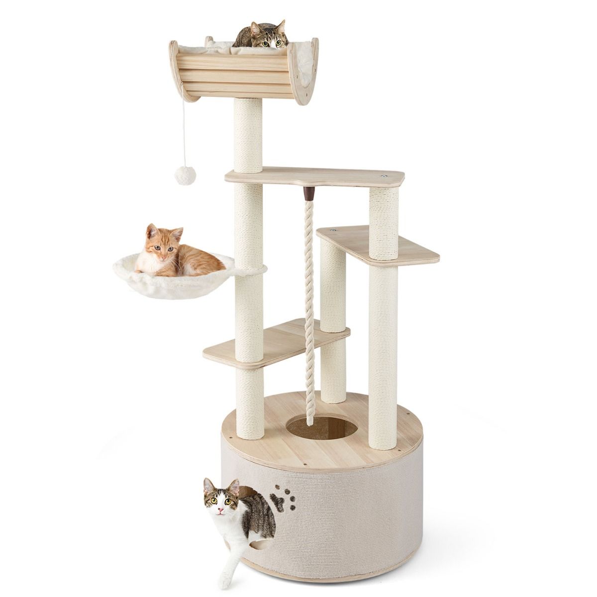 141cm Tall Wooden Cat Tree with Condo and Washable Plush Cushions for Indoor Cats