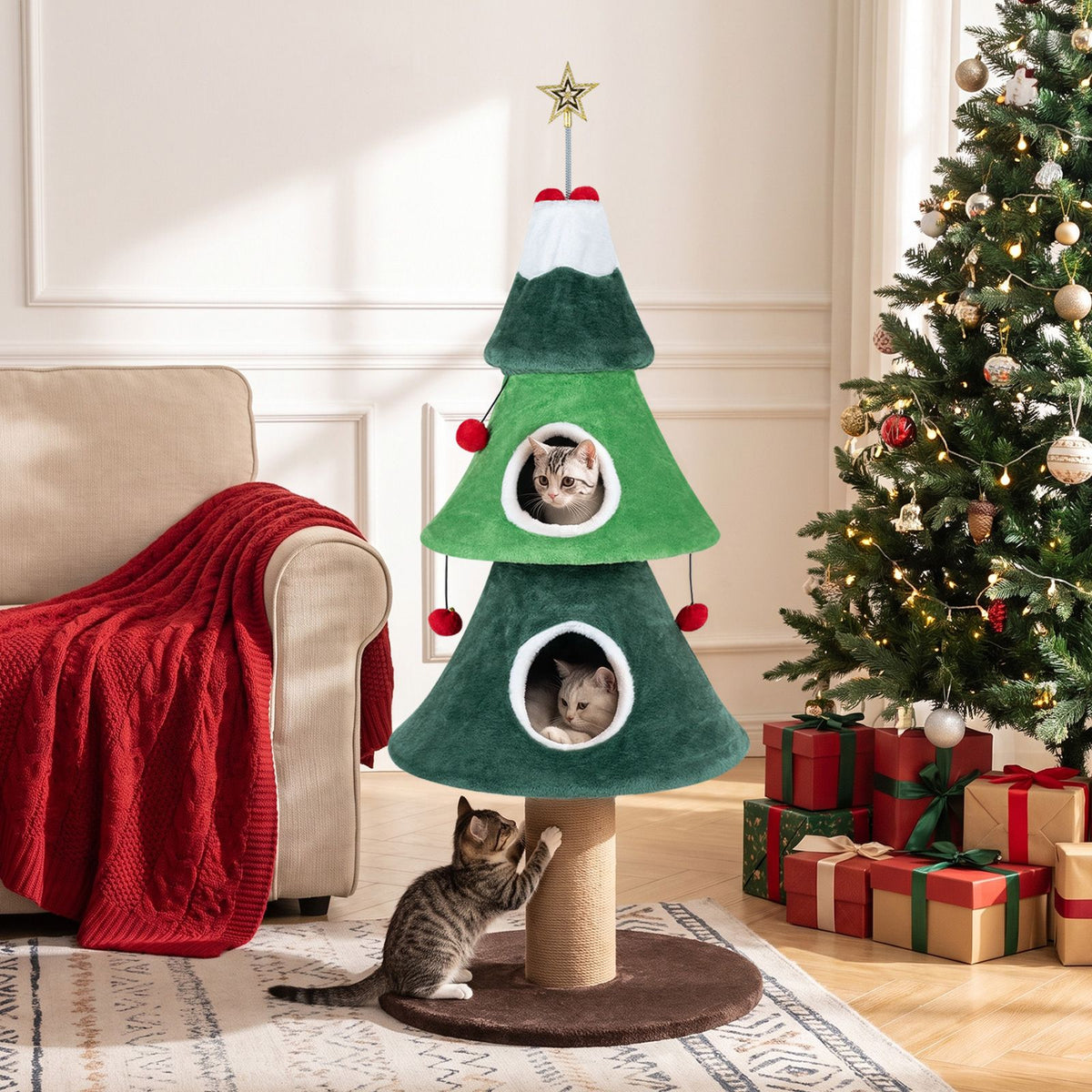 142cm Christmas Cat Tree with 2 Condos and Thick Jute Scratching Post