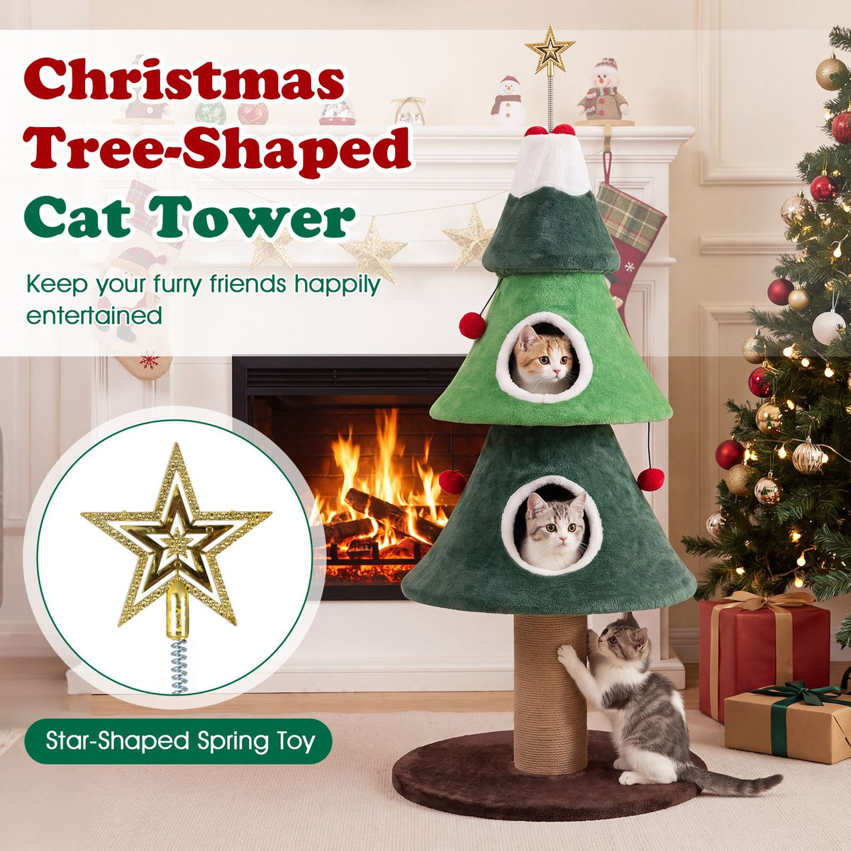 142cm Christmas Cat Tree with 2 Condos and Thick Jute Scratching Post
