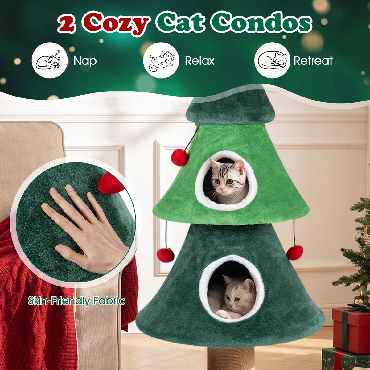 142cm Christmas Cat Tree with 2 Condos and Thick Jute Scratching Post