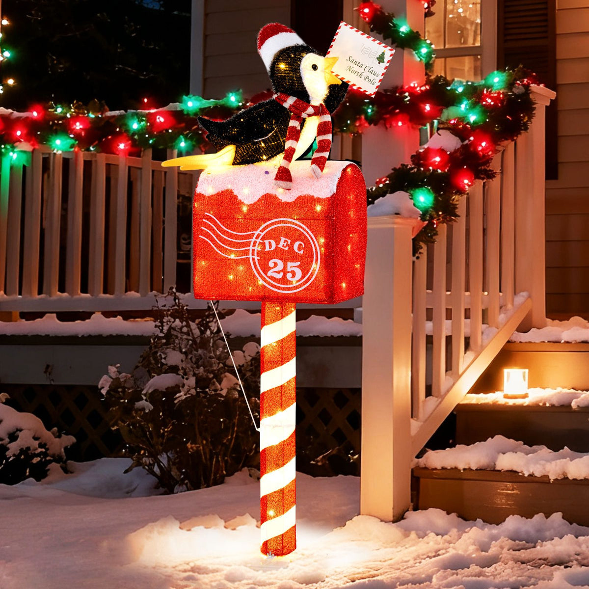 146cm Christmas Lighted Penguin on Mailbox with 100 LED Warm White Lights for Decoration