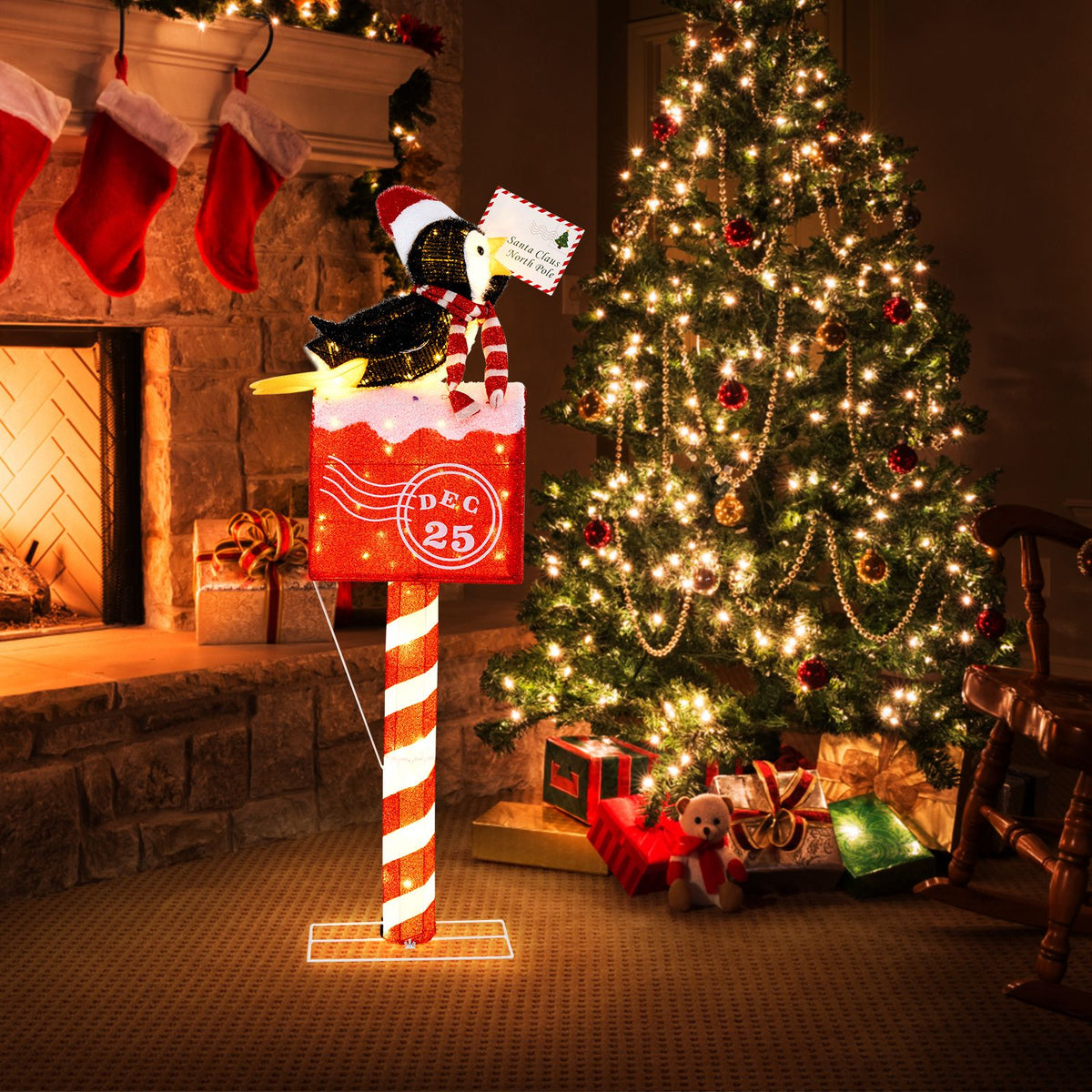 146cm Christmas Lighted Penguin on Mailbox with 100 LED Warm White Lights for Decoration