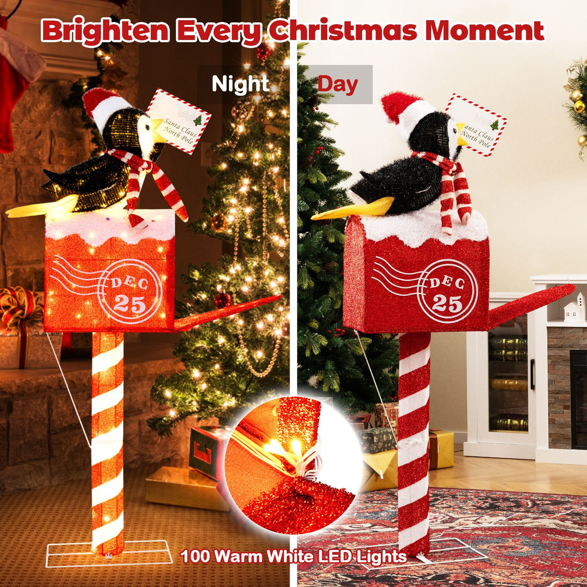146cm Christmas Lighted Penguin on Mailbox with 100 LED Warm White Lights for Decoration