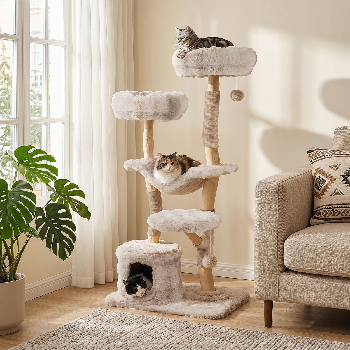 147cm Cat Tree Tower with Cave Hammock and 3 Platforms for Cats