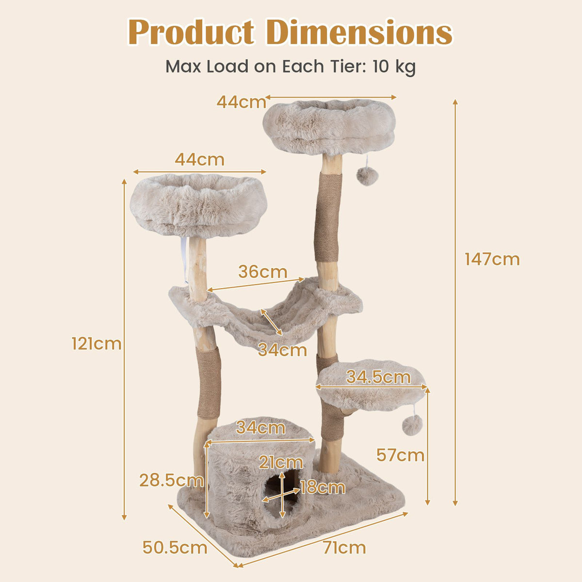 147cm Cat Tree Tower with Cave Hammock and 3 Platforms for Cats