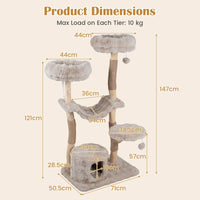 147cm Cat Tree Tower with Cave Hammock and 3 Platforms for Cats