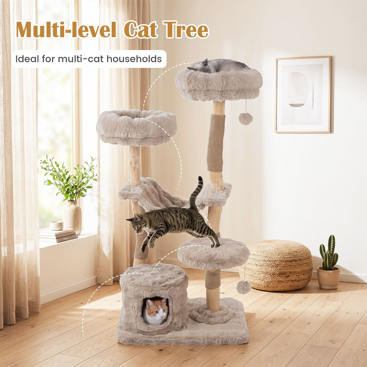 147cm Cat Tree Tower with Cave Hammock and 3 Platforms for Cats