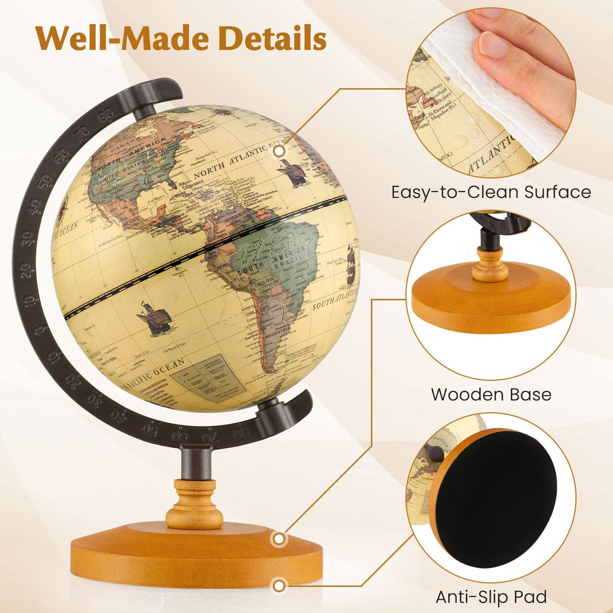 14 cm World Globe with Metal Stand and Non-slip Wooden Base