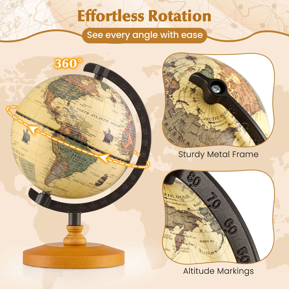 14 cm World Globe with Metal Stand and Non-slip Wooden Base