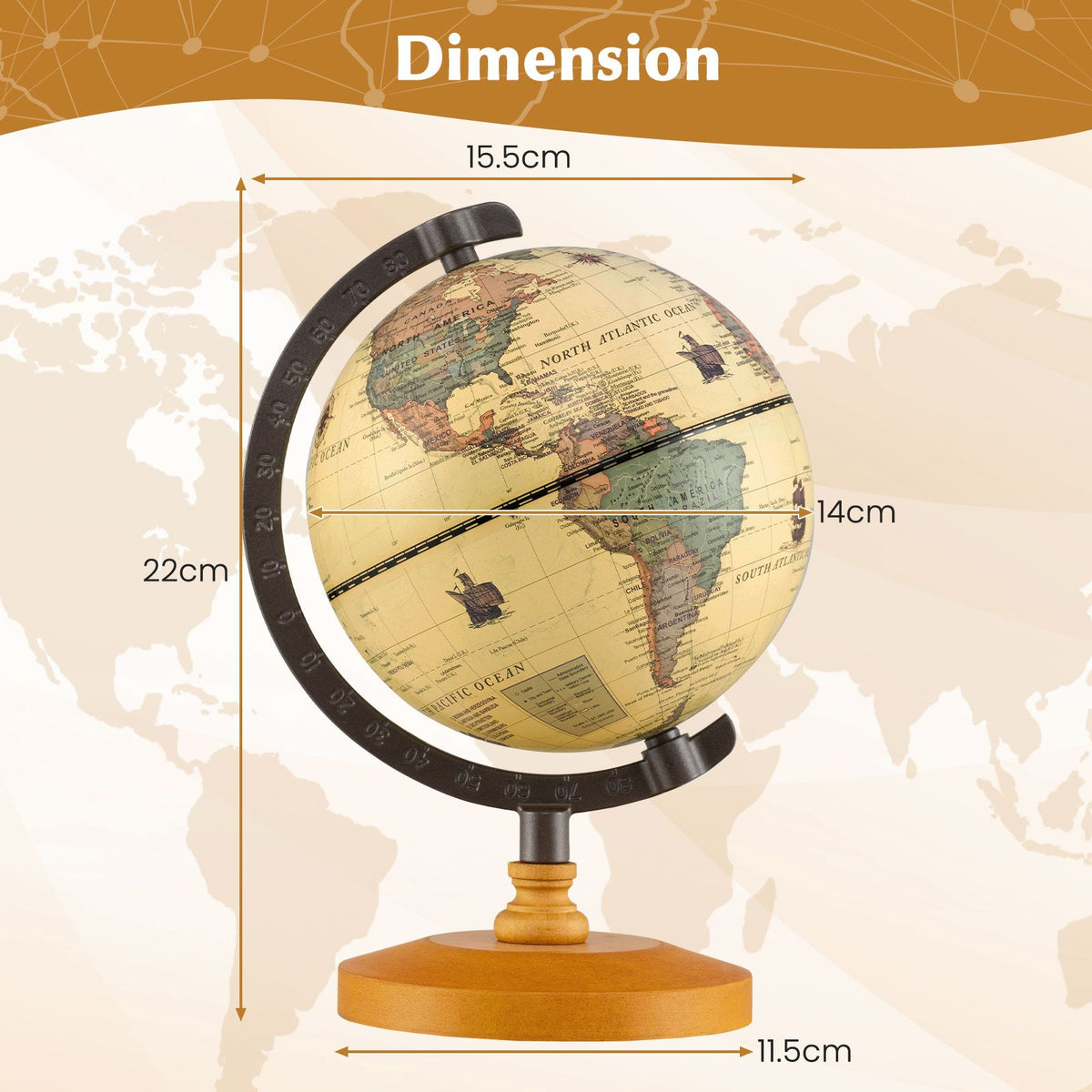 14 cm World Globe with Metal Stand and Non-slip Wooden Base