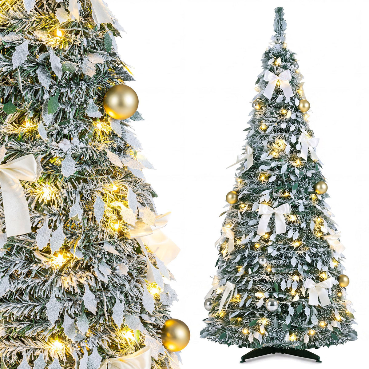 150/180cm Pre-Lit Pop Up Christmas Tree w/ 140 Warm White LED Lights