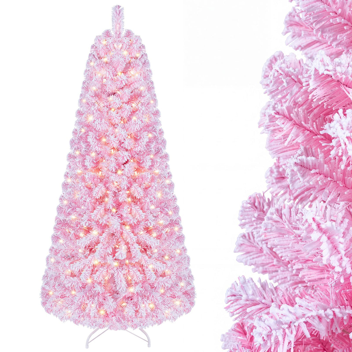 150/180/210cm Flocked Fir Christmas Tree with 432/570/738 Full Branch Tips and Warm White LED Lights