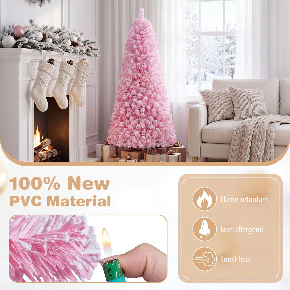 150/180/210cm Flocked Fir Christmas Tree with 432/570/738 Full Branch Tips and Warm White LED Lights