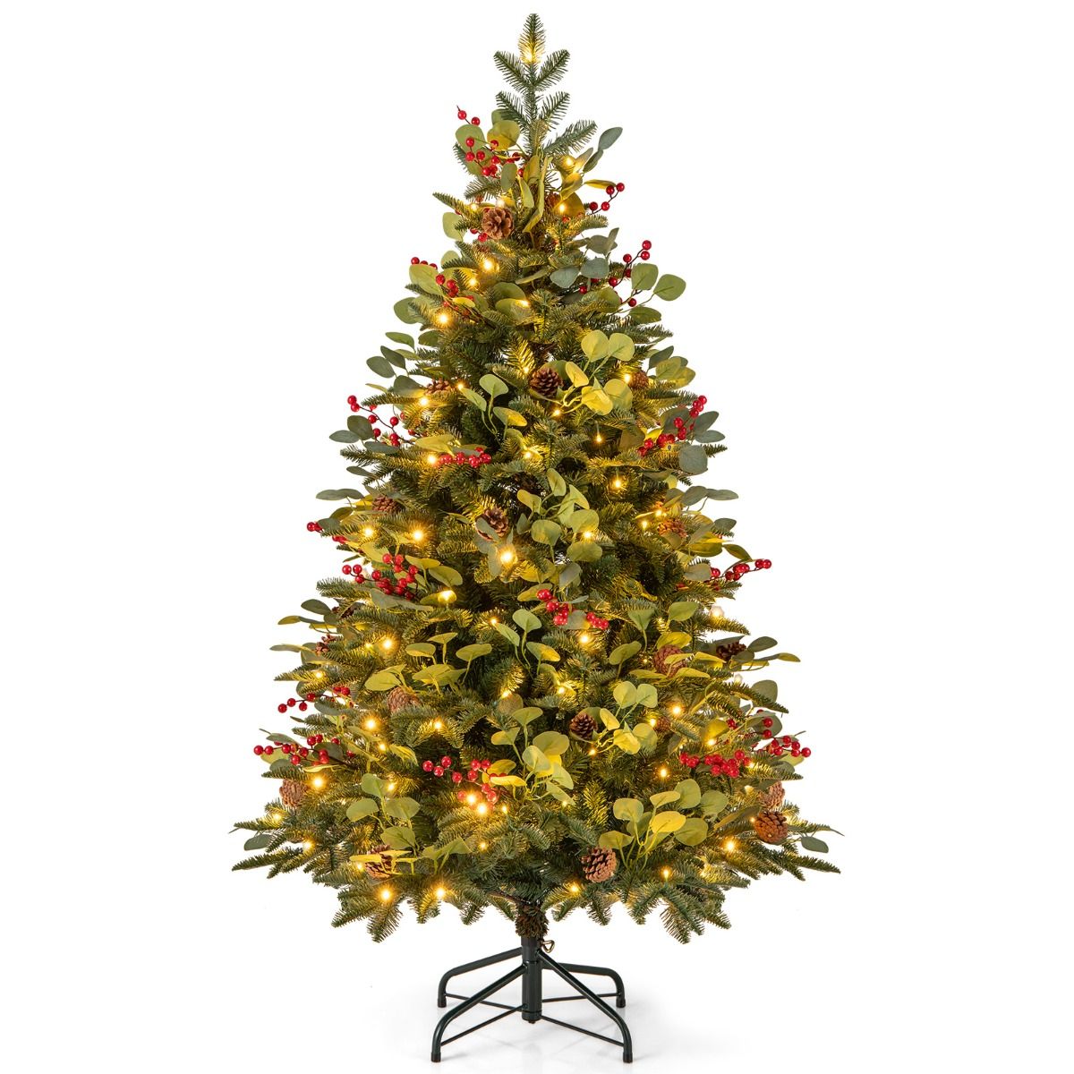 150 CM Artificial PE Christmas Tree with LED Lights and Eucalyptus Leaves