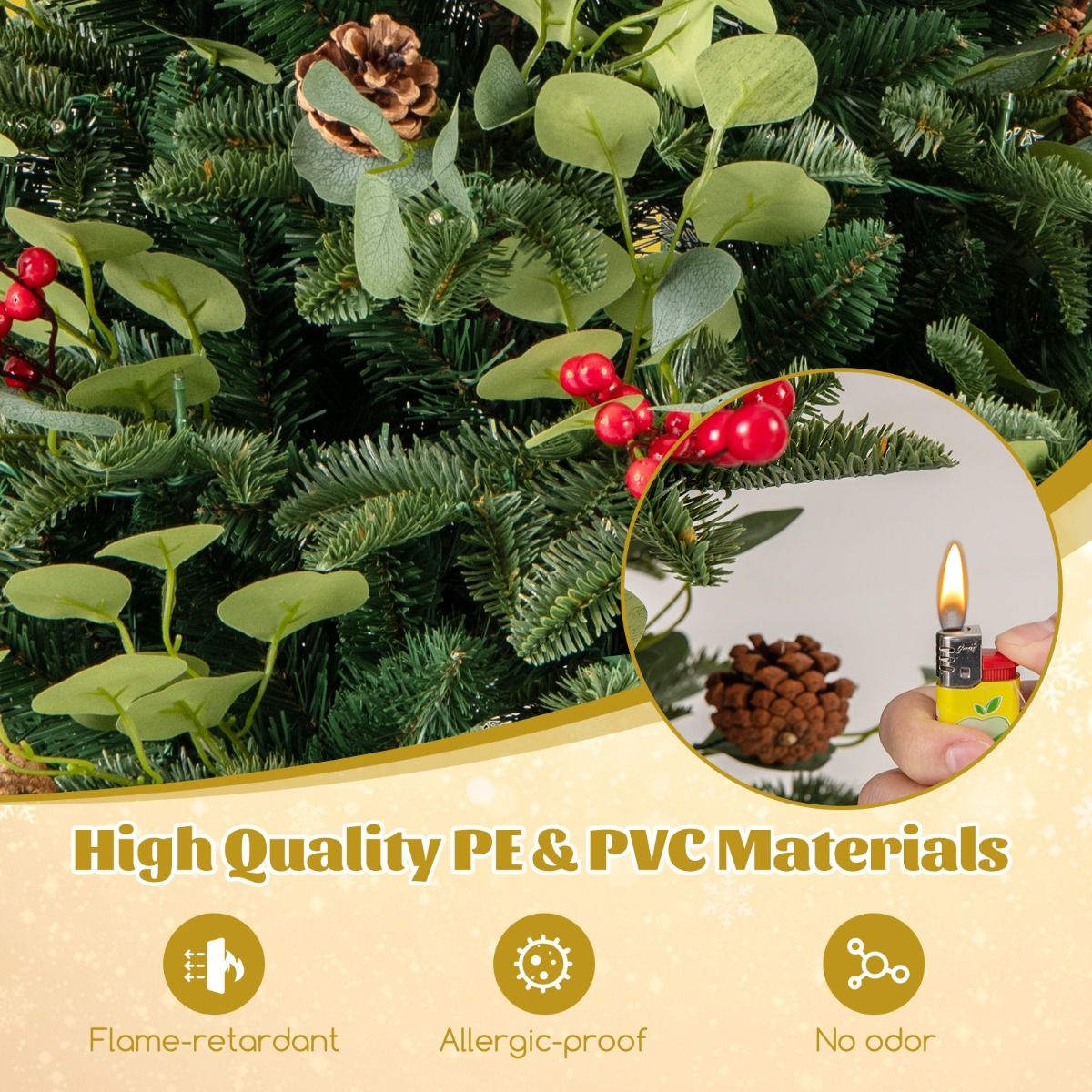 150 CM Artificial PE Christmas Tree with LED Lights and Eucalyptus Leaves