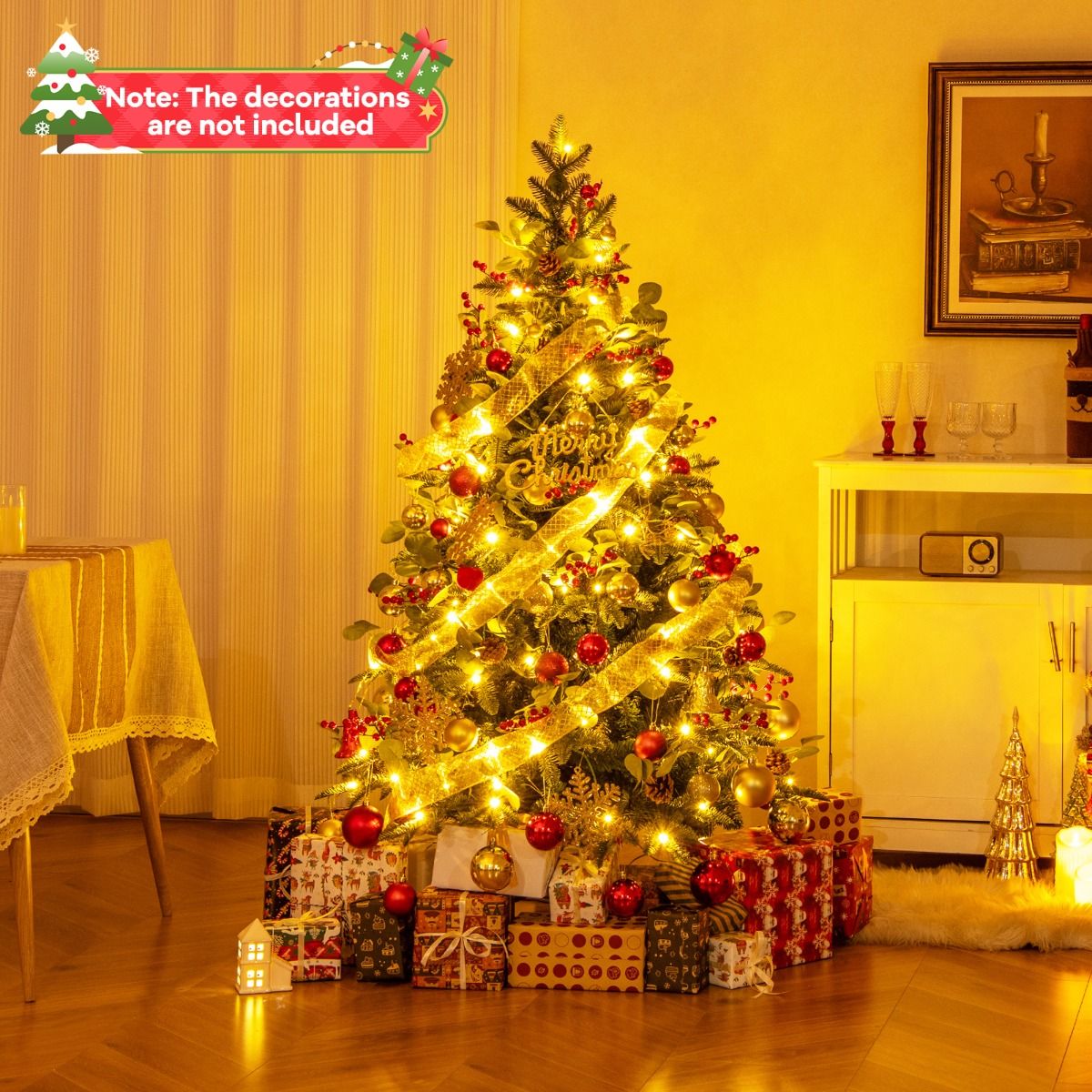 150 CM Artificial PE Christmas Tree with LED Lights and Eucalyptus Leaves