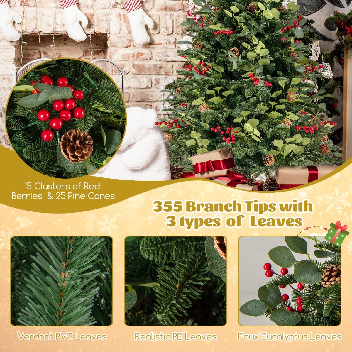 150 CM Artificial PE Christmas Tree with LED Lights and Eucalyptus Leaves
