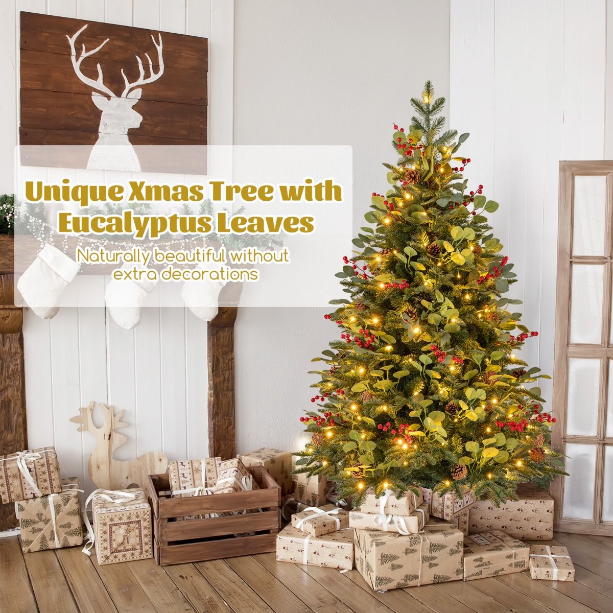 150 CM Artificial PE Christmas Tree with LED Lights and Eucalyptus Leaves