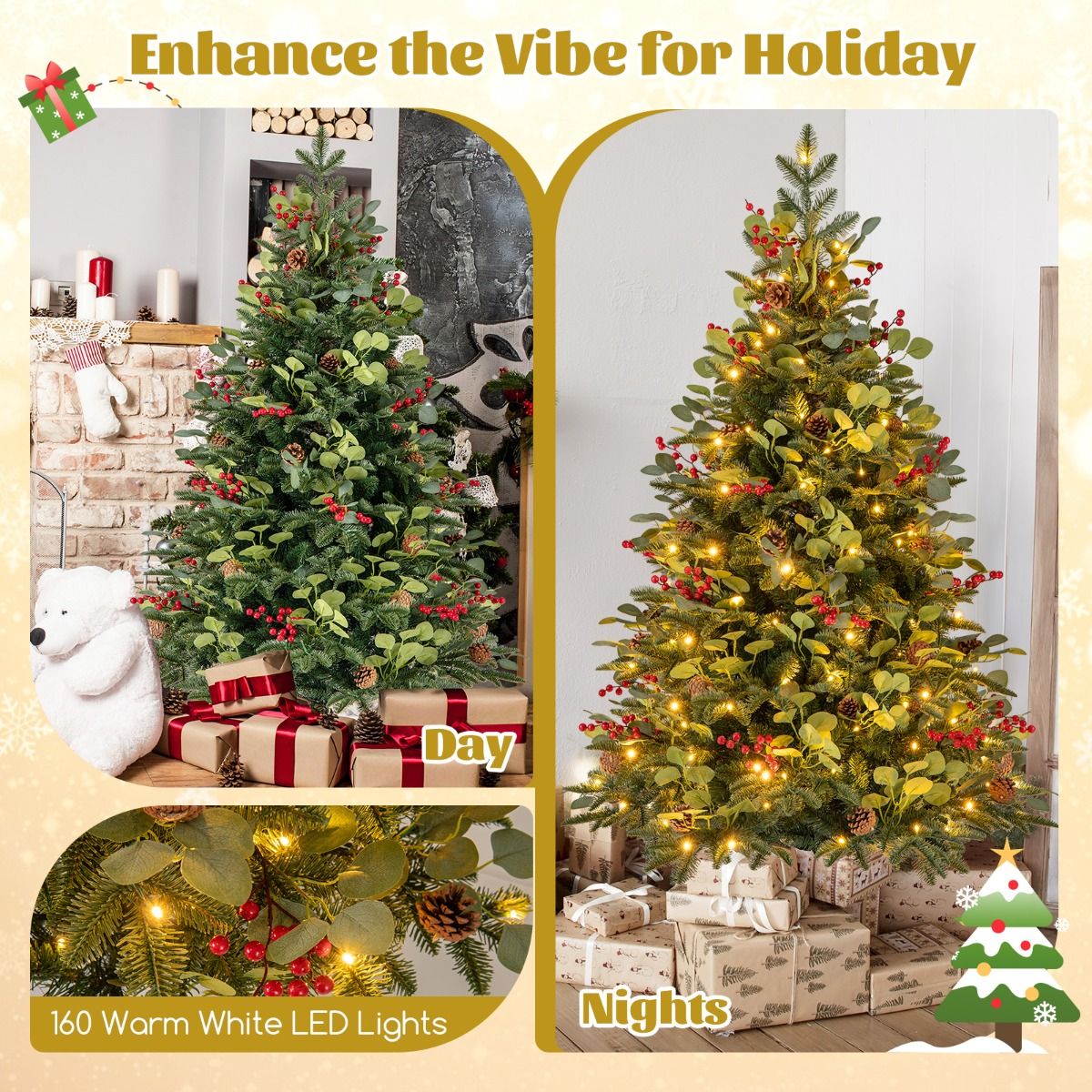 150 CM Artificial PE Christmas Tree with LED Lights and Eucalyptus Leaves