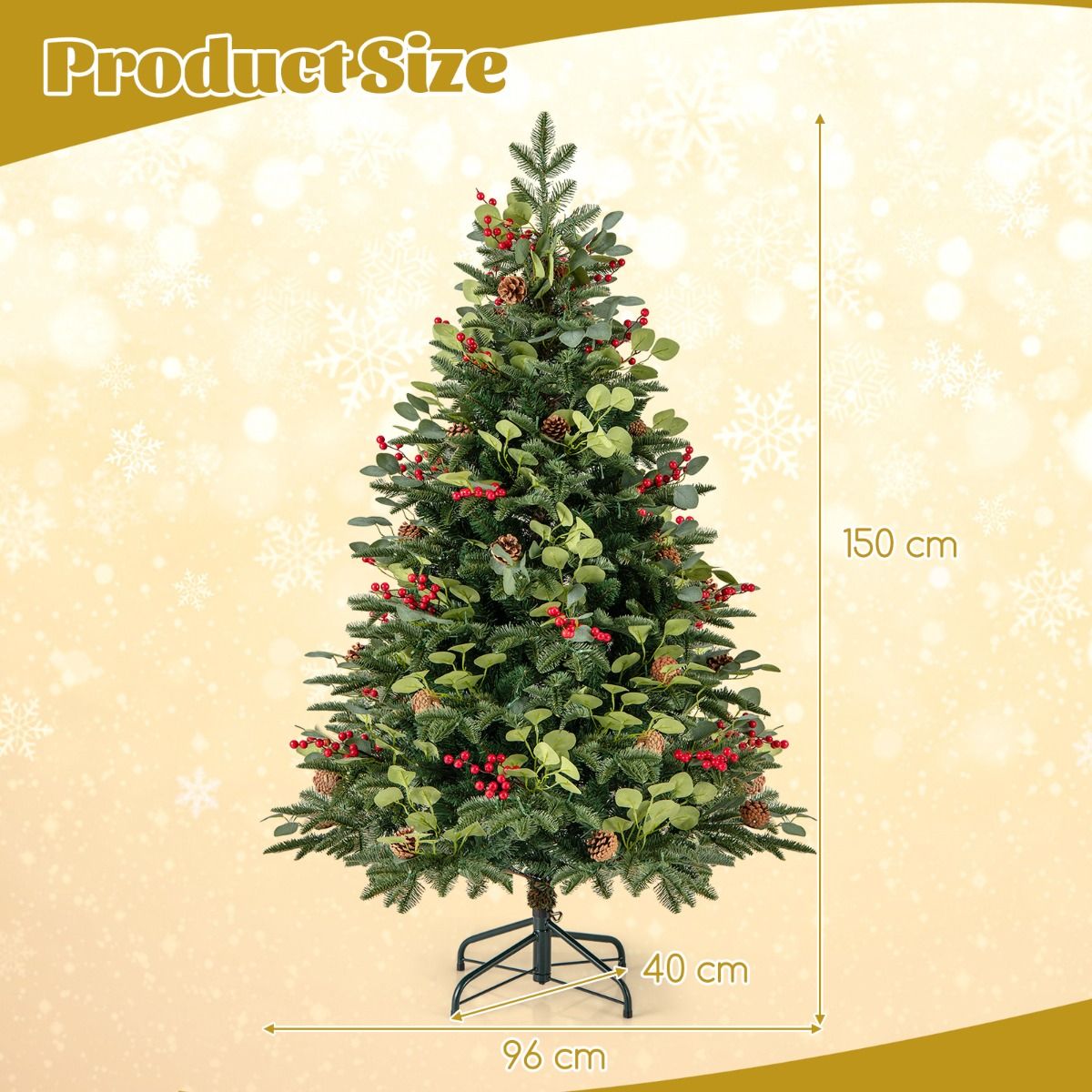 150 CM Artificial PE Christmas Tree with LED Lights and Eucalyptus Leaves