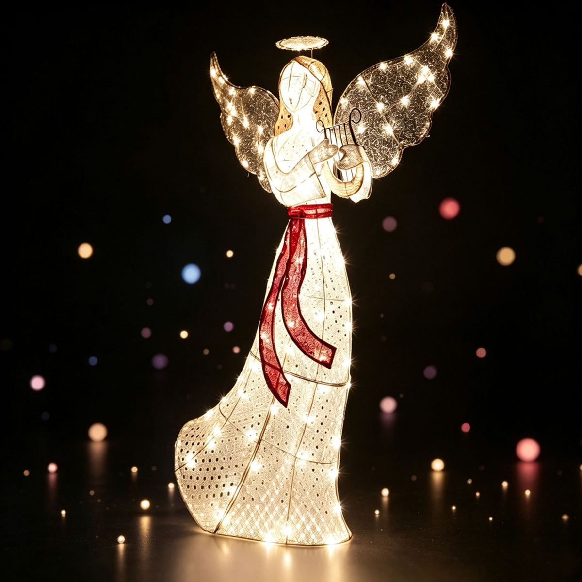 150cm Christmas Lighted Angel with Harp Halo and 120 Warm White LED Lights