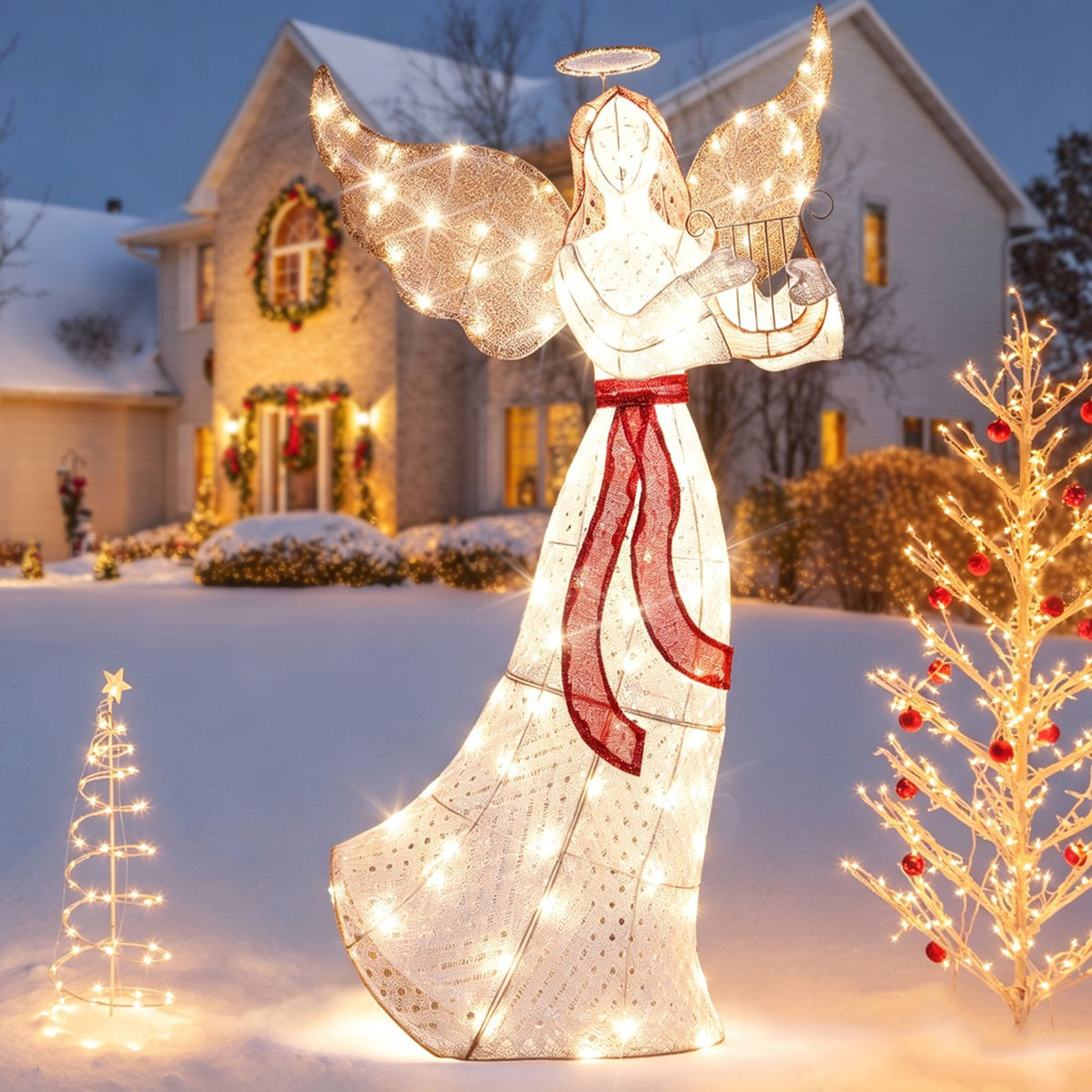 150cm Christmas Lighted Angel with Harp Halo and 120 Warm White LED Lights