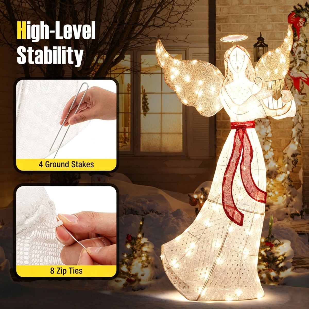 150cm Christmas Lighted Angel with Harp Halo and 120 Warm White LED Lights