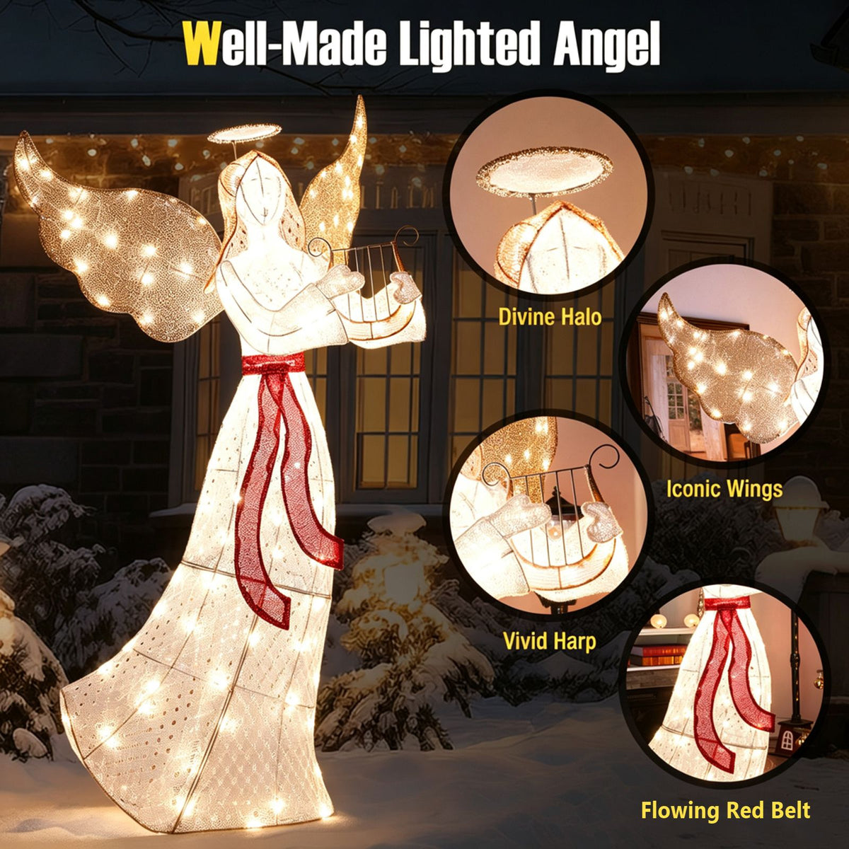 150cm Christmas Lighted Angel with Harp Halo and 120 Warm White LED Lights