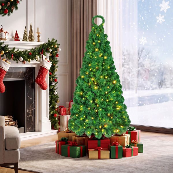 150cm/180cm Flocked Christmas Tree with LED Lights and Pine Needles