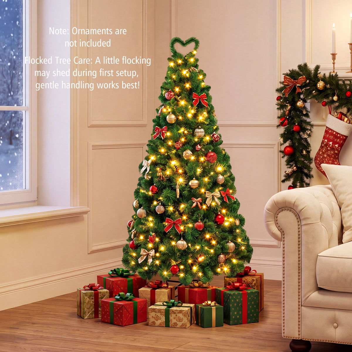 150cm/180cm Flocked Christmas Tree with LED Lights and Pine Needles