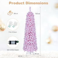 150/180/210cm Flocked Pre-Lit Pencil Christmas Tree with 8 Modes