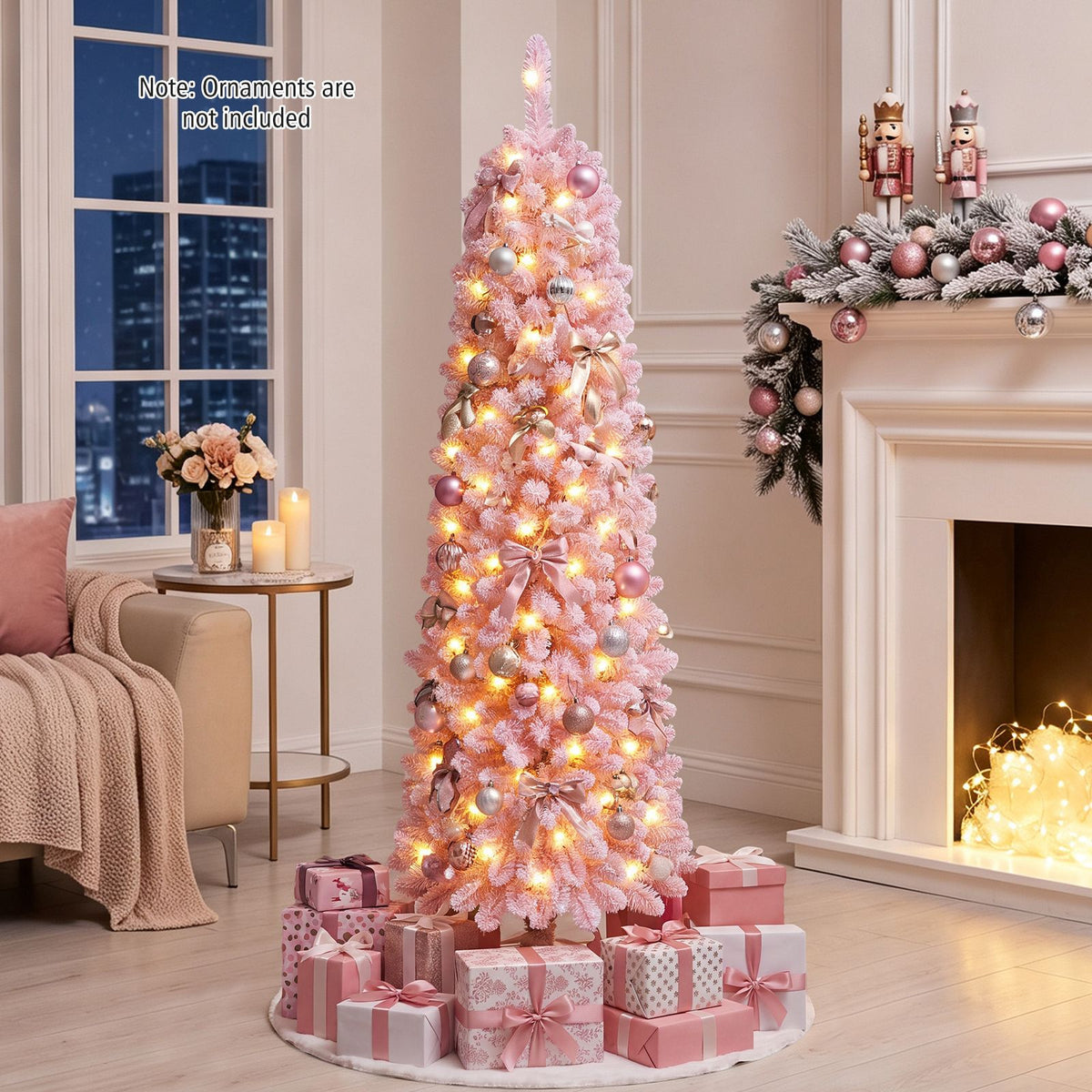 150/180/210cm Flocked Pre-Lit Pencil Christmas Tree with 8 Modes