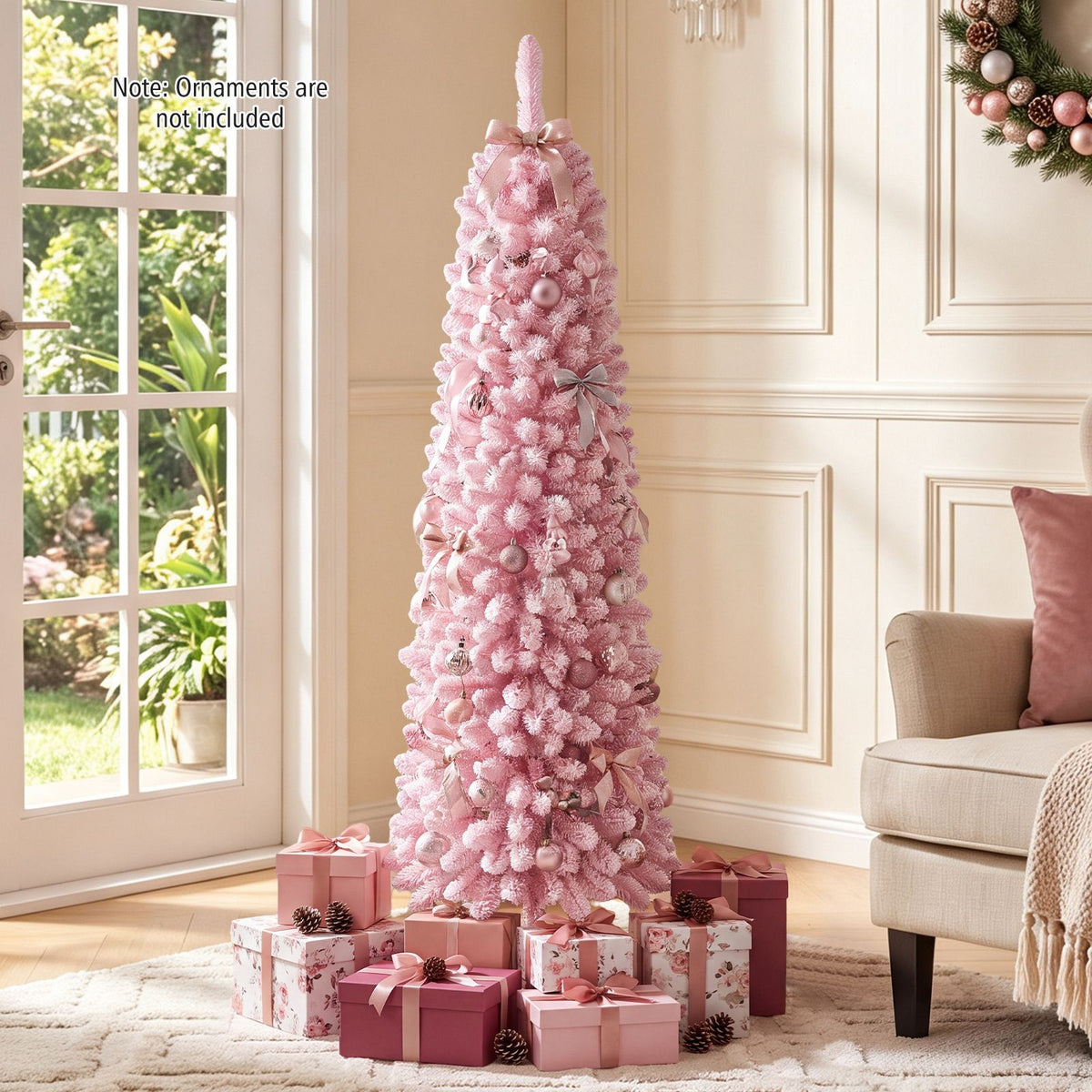 150/180/210cm Flocked Pre-Lit Pencil Christmas Tree with 8 Modes