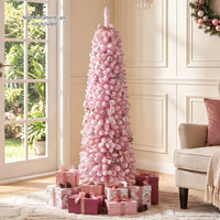 150/180/210cm Flocked Pre-Lit Pencil Christmas Tree with 8 Modes