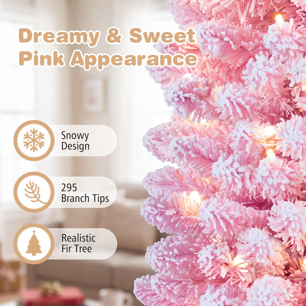 150/180/210cm Flocked Pre-Lit Pencil Christmas Tree with 8 Modes