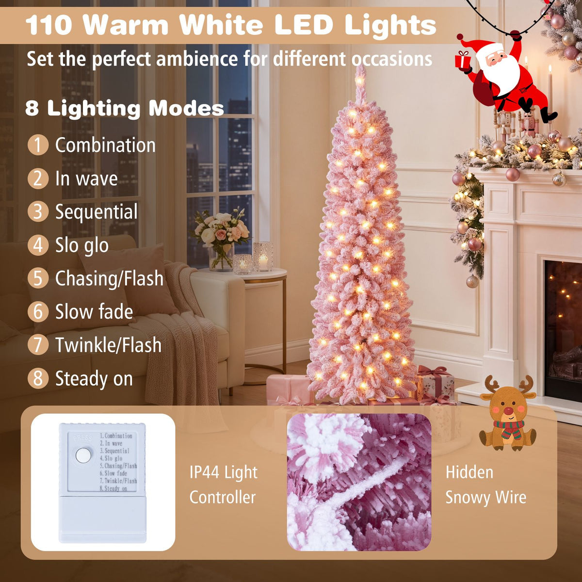 150/180/210cm Flocked Pre-Lit Pencil Christmas Tree with 8 Modes