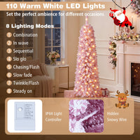 150/180/210cm Flocked Pre-Lit Pencil Christmas Tree with 8 Modes