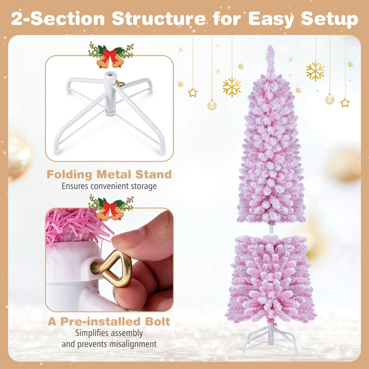 150/180/210cm Flocked Pre-Lit Pencil Christmas Tree with 8 Modes